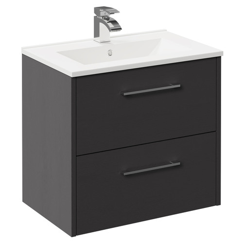 Horizon Graphite Grey 600mm Wall Mounted Vanity Unit with 1 Tap Hole Minimalist Basin and 2 Drawers with Polished Chrome Handles Left Hand View