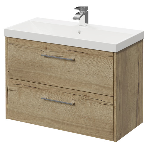 Horizon Autumn Oak 800mm Wall Mounted Vanity Unit with 1 Tap Hole Slim Edge Basin and 2 Drawers with Polished Chrome Handles Right Hand View