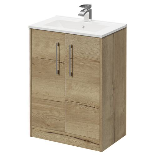 Horizon Autumn Oak 600mm Floor Standing Vanity Unit with 1 Tap Hole Minimalist Basin and 2 Doors with Polished Chrome Handles Right Hand View