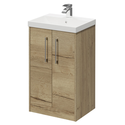Horizon Autumn Oak 500mm Floor Standing Vanity Unit with 1 Tap Hole Slim Edge Basin and 2 Doors with Polished Chrome Handles Right Hand View