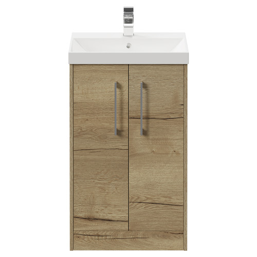 Horizon Autumn Oak 500mm Floor Standing Vanity Unit with 1 Tap Hole Slim Edge Basin and 2 Doors with Polished Chrome Handles View from Front
