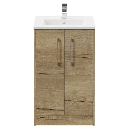 Horizon Autumn Oak 500mm Floor Standing Vanity Unit with 1 Tap Hole Minimalist Basin and 2 Doors with Polished Chrome Handles View from Front