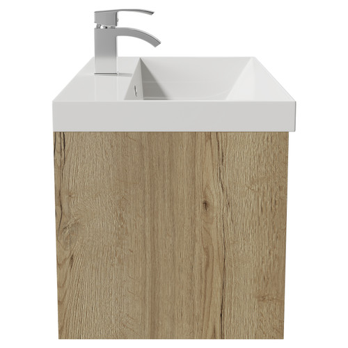 Horizon Autumn Oak 800mm Wall Mounted Vanity Unit with 1 Tap Hole Slim Edge Basin and Single Drawer with Polished Chrome Handle View from Side
