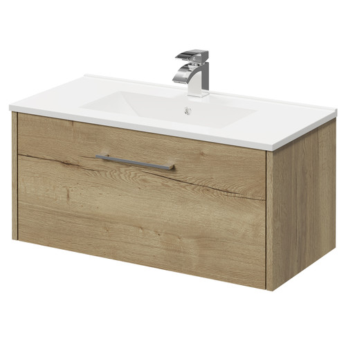 Horizon Autumn Oak 800mm Wall Mounted Vanity Unit with 1 Tap Hole Basin and Single Drawer with Polished Chrome Handle Right Hand View