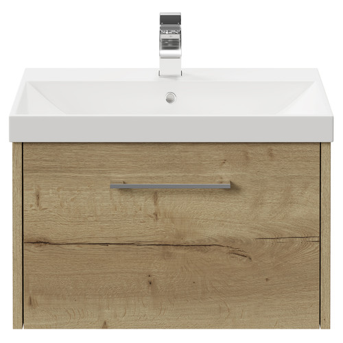 Horizon Autumn Oak 600mm Wall Mounted Vanity Unit with 1 Tap Hole Slim Edge Basin and Single Drawer with Polished Chrome Handle View from Front