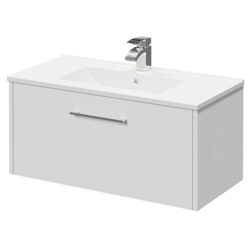 Horizon White Ash 800mm Wall Mounted Vanity Unit with 1 Tap Hole Minimalist Basin and Single Drawer with Polished Chrome Handle Right Hand View