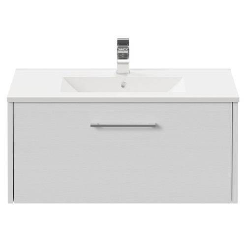 Horizon White Ash 800mm Wall Mounted Vanity Unit with 1 Tap Hole Minimalist Basin and Single Drawer with Polished Chrome Handle View from Front