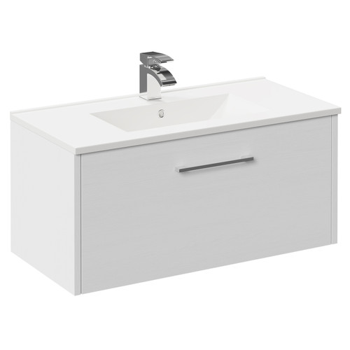 Horizon White Ash 800mm Wall Mounted Vanity Unit with 1 Tap Hole Minimalist Basin and Single Drawer with Polished Chrome Handle Left Hand View