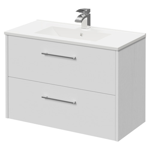 Horizon White Ash 800mm Wall Mounted Vanity Unit with 1 Tap Hole Minimalist Basin and 2 Drawers with Polished Chrome Handles Right Hand View