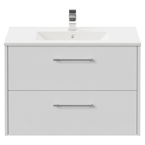 Horizon White Ash 800mm Wall Mounted Vanity Unit with 1 Tap Hole Minimalist Basin and 2 Drawers with Polished Chrome Handles View from Front
