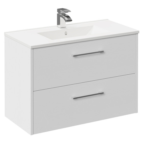 Horizon White Ash 800mm Wall Mounted Vanity Unit with 1 Tap Hole Minimalist Basin and 2 Drawers with Polished Chrome Handles Left Hand View