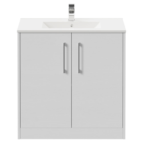 Horizon White Ash 800mm Floor Standing Vanity Unit with 1 Tap Hole Minimalist Basin and 2 Doors with Polished Chrome Handles View from Front