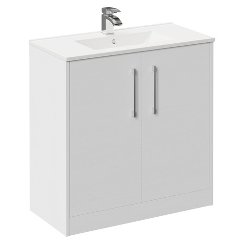Horizon White Ash 800mm Floor Standing Vanity Unit with 1 Tap Hole Minimalist Basin and 2 Doors with Polished Chrome Handles Left Hand View