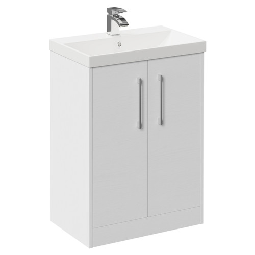 Horizon White Ash 600mm Floor Standing Vanity Unit with 1 Tap Hole Slim Edge Basin and 2 Doors with Polished Chrome Handles Left Hand View