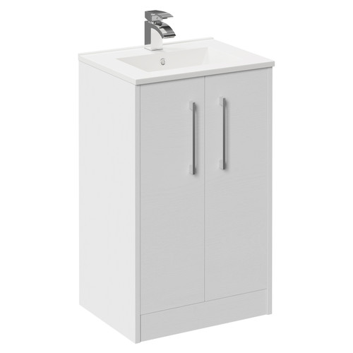 Horizon White Ash 500mm Floor Standing Vanity Unit with 1 Tap Hole Minimalist Basin and 2 Doors with Polished Chrome Handles Left Hand View