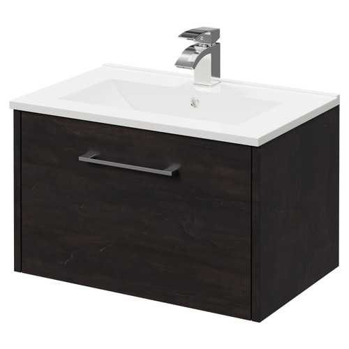 Horizon Metallic Slate 600mm Wall Mounted Vanity Unit with 1 Tap Hole Minimalist Basin and Single Drawer with Polished Chrome Handle Right Hand View