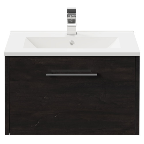 Horizon Metallic Slate 600mm Wall Mounted Vanity Unit with 1 Tap Hole Minimalist Basin and Single Drawer with Polished Chrome Handle View from Front
