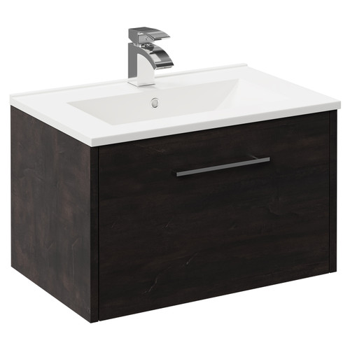 Horizon Metallic Slate 600mm Wall Mounted Vanity Unit with 1 Tap Hole Minimalist Basin and Single Drawer with Polished Chrome Handle Left Hand View