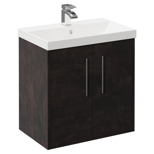 Horizon Metallic Slate 600mm Wall Mounted Vanity Unit with 1 Tap Hole Slim Edge Basin and 2 Doors with Polished Chrome Handles Left Hand View