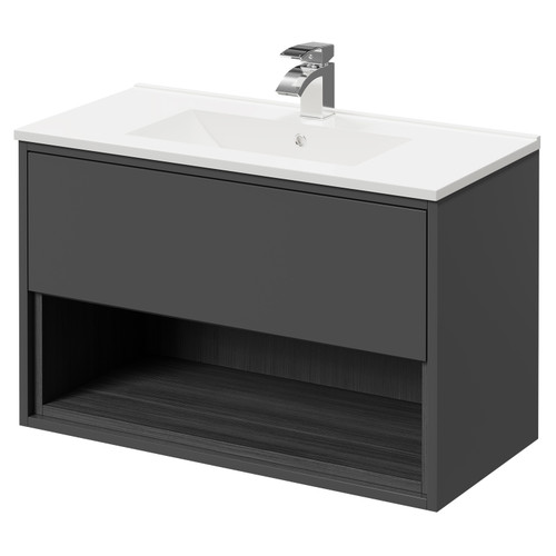 Tidal Gloss Grey 800mm Wall Mounted Vanity Unit with 1 Tap Hole Minimalist Basin featuring Single Drawer and Anthracite Woodgrain Open Shelf Right Hand View