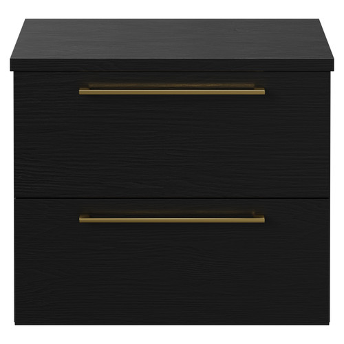 Napoli 390 Nero Oak 600mm Wall Mounted Vanity Unit for Countertop Basins with 2 Drawers and Brushed Brass Handles Front View