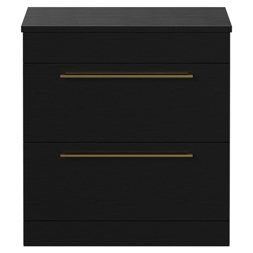 Napoli 390 Nero Oak 800mm Floor Standing Vanity Unit for Countertop Basins with 2 Drawers and Brushed Brass Handles Front View