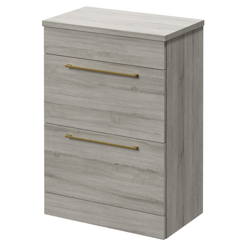 Napoli 390 Molina Ash 600mm Floor Standing Vanity Unit for Countertop Basins with 2 Drawers and Brushed Brass Handles Right Hand View