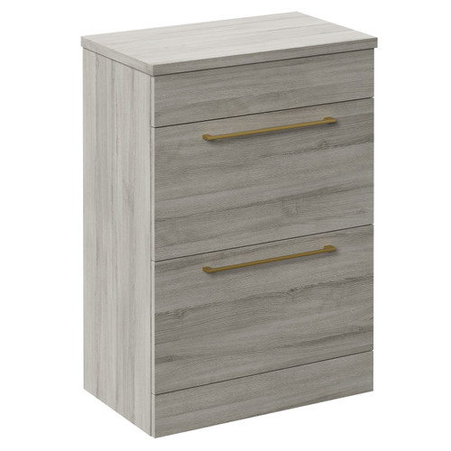 Napoli 390 Molina Ash 600mm Floor Standing Vanity Unit for Countertop Basins with 2 Drawers and Brushed Brass Handles Left Hand View