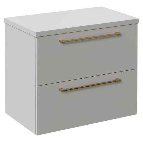 Napoli 390 Gloss Grey Pearl 600mm Wall Mounted Vanity Unit for Countertop Basins with 2 Drawers and Brushed Brass Handles Left Hand View