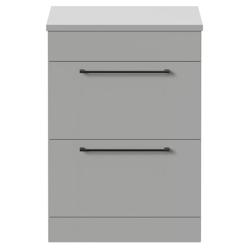 Napoli 390 Gloss Grey Pearl 600mm Floor Standing Vanity Unit for Countertop Basins with 2 Drawers and Gunmetal Grey Handles Front View