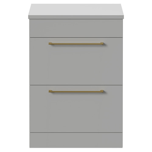 Napoli 390 Gloss Grey Pearl 600mm Floor Standing Vanity Unit for Countertop Basins with 2 Drawers and Brushed Brass Handles Front View