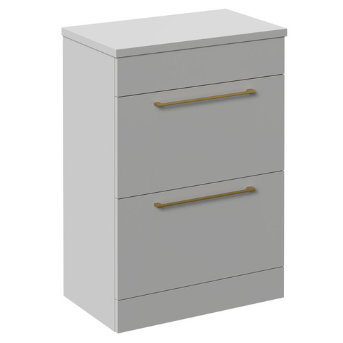 Napoli 390 Gloss Grey Pearl 600mm Floor Standing Vanity Unit for Countertop Basins with 2 Drawers and Brushed Brass Handles Left Hand View