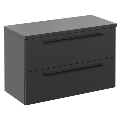 Napoli 390 Gloss Grey 800mm Wall Mounted Vanity Unit for Countertop Basins with 2 Drawers and Matt Black Handles Left Hand View