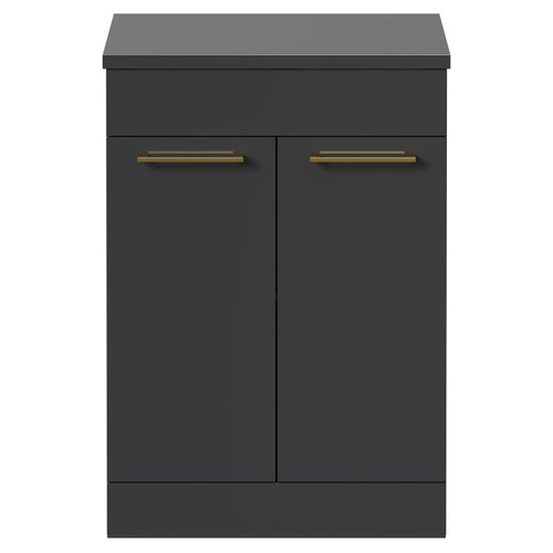 Napoli 390 Gloss Grey 600mm Floor Standing Vanity Unit for Countertop Basins with 2 Doors and Brushed Brass Handles Front View