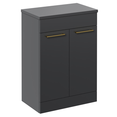 Napoli 390 Gloss Grey 600mm Floor Standing Vanity Unit for Countertop Basins with 2 Doors and Brushed Brass Handles Left Hand View