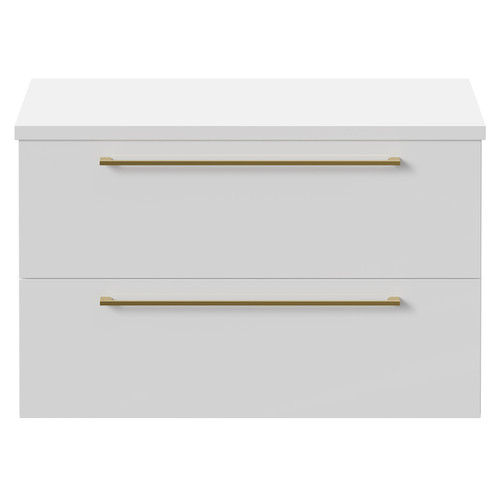 Napoli 390 Gloss White 800mm Wall Mounted Vanity Unit for Countertop Basins with 2 Drawers and Brushed Brass Handles Front View