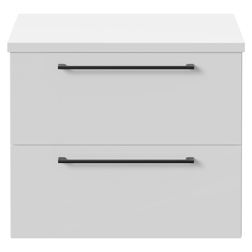 Napoli 390 Gloss White 600mm Wall Mounted Vanity Unit for Countertop Basins with 2 Drawers and Matt Black Handles Front View