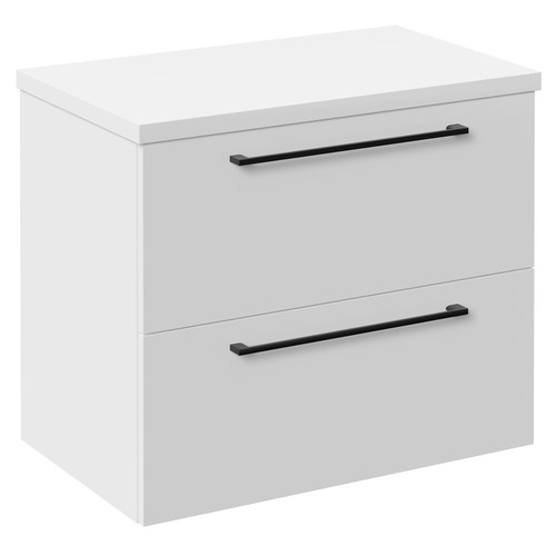 Napoli 390 Gloss White 600mm Wall Mounted Vanity Unit for Countertop Basins with 2 Drawers and Matt Black Handles Left Hand View
