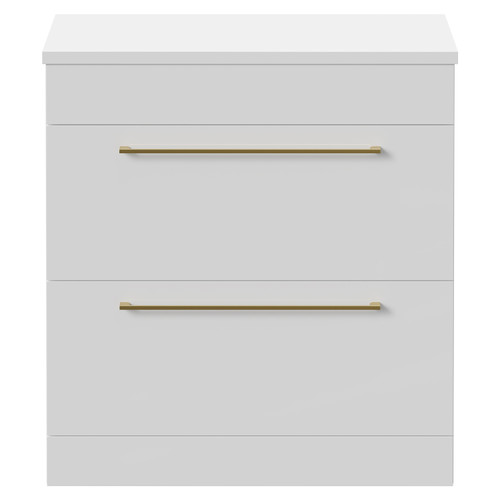 Napoli 390 Gloss White 800mm Floor Standing Vanity Unit for Countertop Basins with 2 Drawers and Brushed Brass Handles Front View