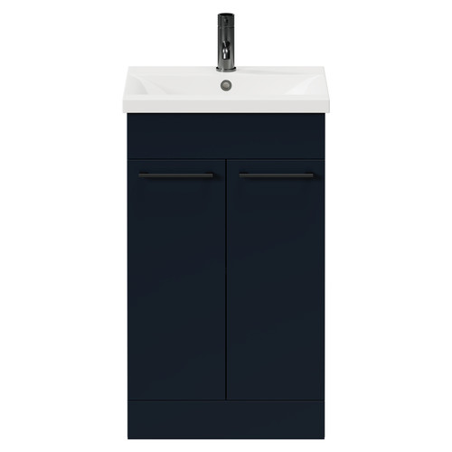 Napoli Deep Blue 500mm Floor Standing Vanity Unit with 1 Tap Hole Basin and 2 Doors with Gunmetal Grey Handles Front View