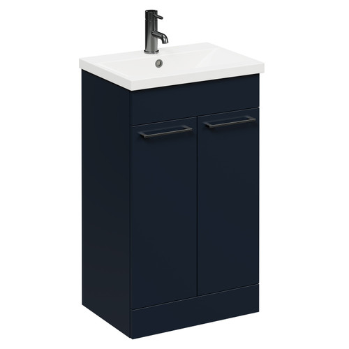 Napoli Deep Blue 500mm Floor Standing Vanity Unit with 1 Tap Hole Basin and 2 Doors with Gunmetal Grey Handles Left Hand View