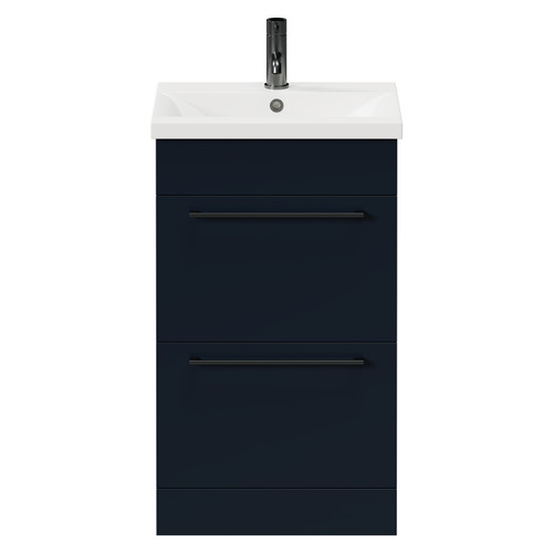 Napoli Deep Blue 500mm Floor Standing Vanity Unit with 1 Tap Hole Basin and 2 Drawers with Gunmetal Grey Handles Front View