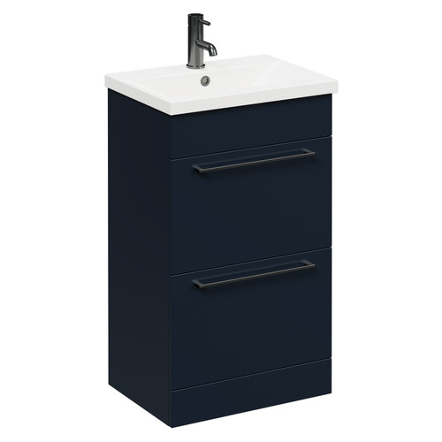Napoli Deep Blue 500mm Floor Standing Vanity Unit with 1 Tap Hole Basin and 2 Drawers with Gunmetal Grey Handles Left Hand View
