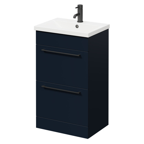 Napoli Deep Blue 500mm Floor Standing Vanity Unit with 1 Tap Hole Basin and 2 Drawers with Matt Black Handles Right Hand View