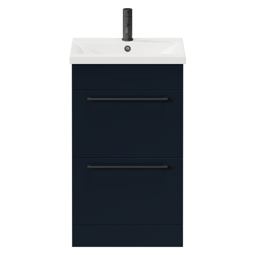 Napoli Deep Blue 500mm Floor Standing Vanity Unit with 1 Tap Hole Basin and 2 Drawers with Matt Black Handles Front View