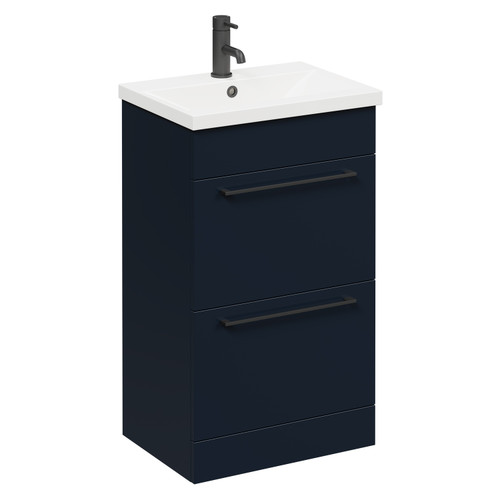 Napoli Deep Blue 500mm Floor Standing Vanity Unit with 1 Tap Hole Basin and 2 Drawers with Matt Black Handles Left Hand View