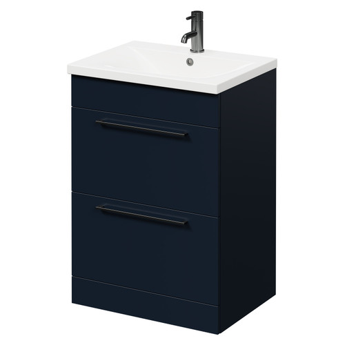 Napoli Deep Blue 600mm Floor Standing Vanity Unit with 1 Tap Hole Basin and 2 Drawers with Gunmetal Grey Handles Right Hand View