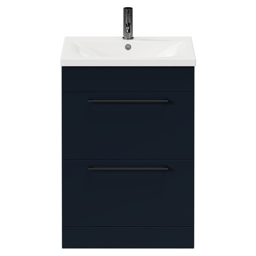 Napoli Deep Blue 600mm Floor Standing Vanity Unit with 1 Tap Hole Basin and 2 Drawers with Gunmetal Grey Handles Front View