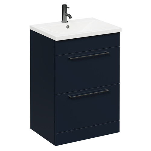 Napoli Deep Blue 600mm Floor Standing Vanity Unit with 1 Tap Hole Basin and 2 Drawers with Gunmetal Grey Handles Left Hand View