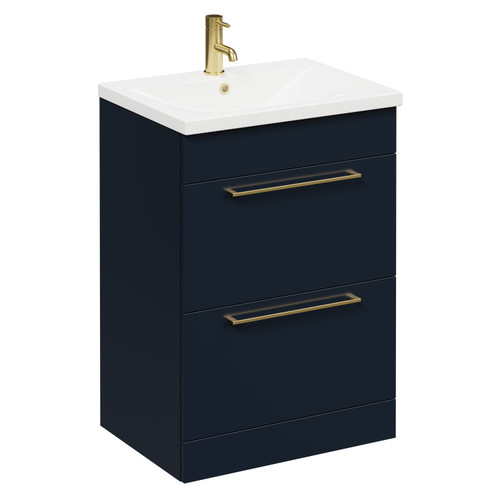 Napoli Deep Blue 600mm Floor Standing Vanity Unit with 1 Tap Hole Basin and 2 Drawers with Brushed Brass Handles Left Hand View